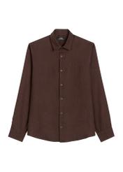 Brązowa lniana koszula męska KOSMT-0321A-1I(W26) - widok produktu z przodu, na białym tle. 