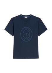 Granatowy bawełniany T-shirt męski z nadrukiem TSHMT-0152-7E(Z26)- widok produktu z przodu, na białym tle. 