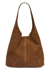 Zamszowa torebka shopper w kolorze koniaku TORES-1403-1F(Z26) - widok produktu z tyłu, na białym tle. 