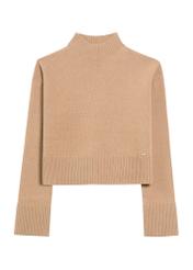 Camelowy sweter damski z wełny SWEDT-0244-24(Z25), widok produktu z przodu na białym tle.