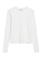 Kremowy prążkowany longsleeve damski LSLDT-0058-0B(Z26) - widok produktu z przodu, na białym tle. 