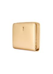 Mały skórzany złoty portfel damski PORES-0960-2X(W26) - widok produktu po skosie, na białym tle. 
 