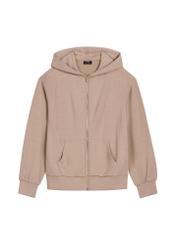 Kamelowa bluza damska z suwakiem BLZDT-0108A-1D(W26), widok produktu z przodu na białym tle.