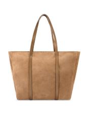 Beżowa zamszowa torebka shopper damska TORES-1248-1B(W26)- widok produktu z przodu, na białym tle. 
