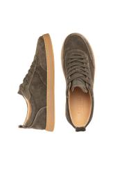 Skórzane buty sportowe w kolorze khaki BUTYM-0528-8D(W26), widok produktu z góry na białym tle.