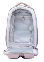 Różowy plecak PLCMN-0014A-31(Z25), widok otwartego produktu z przodu na białym tle.