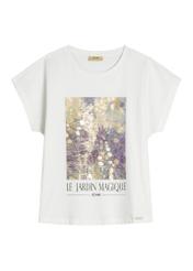 Kremowy T-shirt damski z nadrukiem TSHDT-0160-0B(W26)