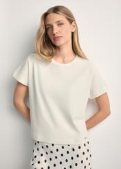 Kremowy t-shirt damski z bawełny merceryzowanej TSHDT-0154-0B(W26) -widok produktu z przodu, na jasnym tle. Widoczna połowa sylwetki.