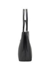 Czarna skórzana torebka shopper TORES-1281-99(W26) - widok produktu z boku, na białym tle. 