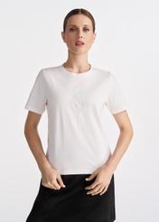 Kremowy T-shirt damski z logo TSHDT-0137-12(W25)-01