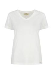 Kremowy T-shirt damski w serek TSHDT-0118-12(W24)-03
