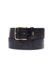 Czarny skórzany pasek damski croco PASDS-0357-9G(Z26) - widok produktu z przodu, na białym tle. 