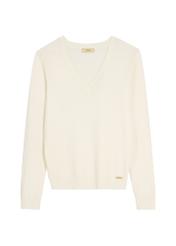 Kremowy sweter z dekoltem V-neck SWEDT-0201-0B(W26), widok produktu z przodu na białym tle.