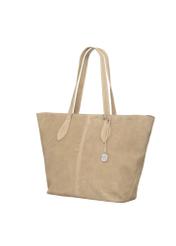 Torebka damska typu shopper w kolorze chłodnego beżu TORES-1407-1K(Z26) - widok produktu po skosie, na białym tle. 