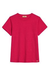 Lniany T-shirt damski w kolorze fuksji TSHDT-0156-5E(W26), widok produktu z przodu na białym tle.