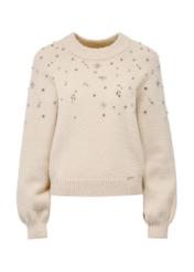 Beżowy sweter damski z kryształowymi ozdobami SWEDT-0225-80(Z24)