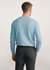 Niebieski bawełniany sweter męski SWEMT-0114A-61(Z25), produkt widoczny od tyłu na modelu, widoczne pół sylwetki.