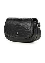 Mała czarna torebka damska croco TOREC-1264-9G(Z26), widok produktu skosem na białym tle.