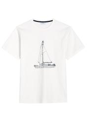  Biały T-shirt męski z nadrukiem TSHMT-0145-0A(W26),  widok produktu z przodu, na białym tle. 