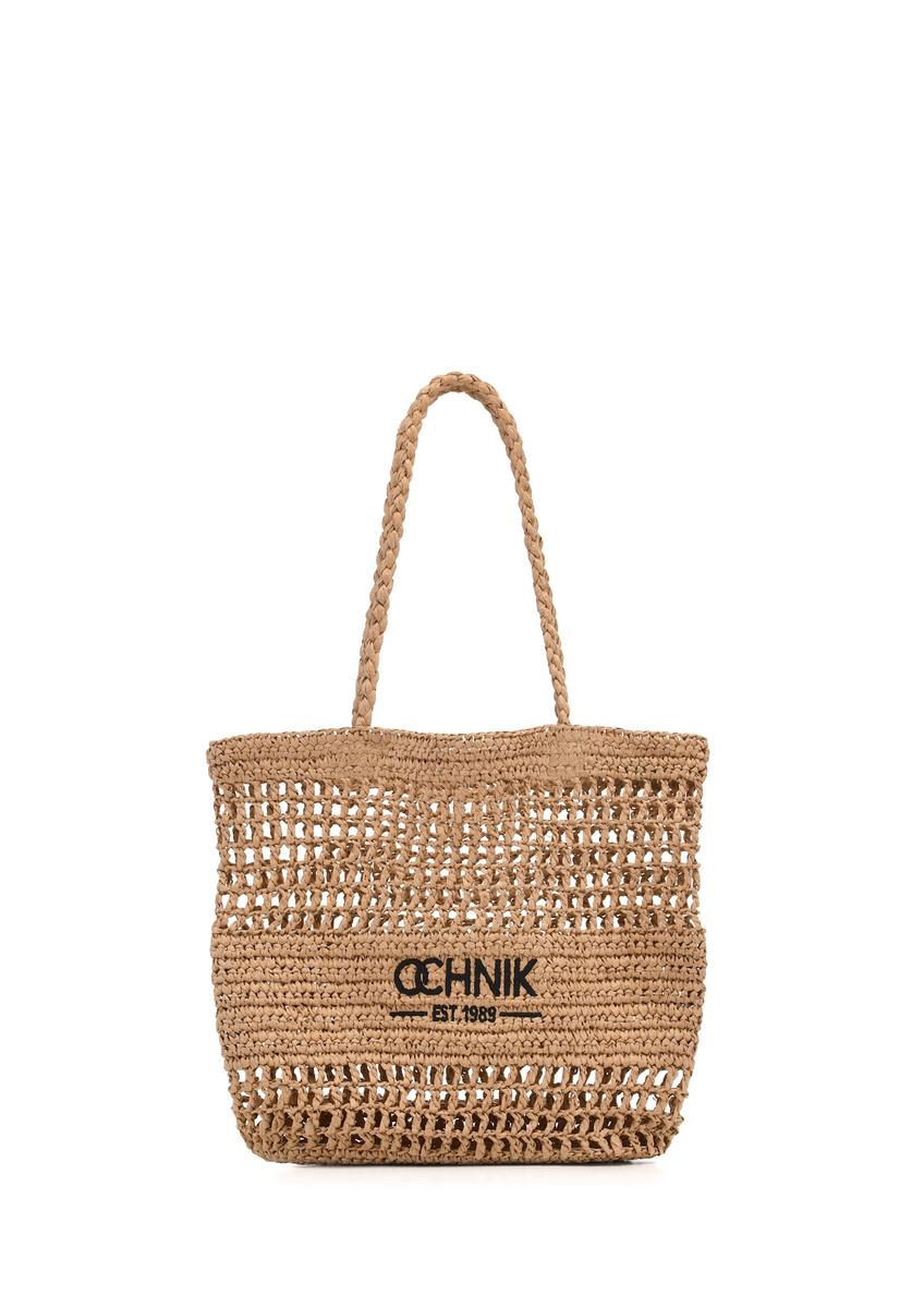 Słomkowa beżowa torebka shopper damska TOREC-0924-1E(W26), widok produktu z przodu na białym tle.