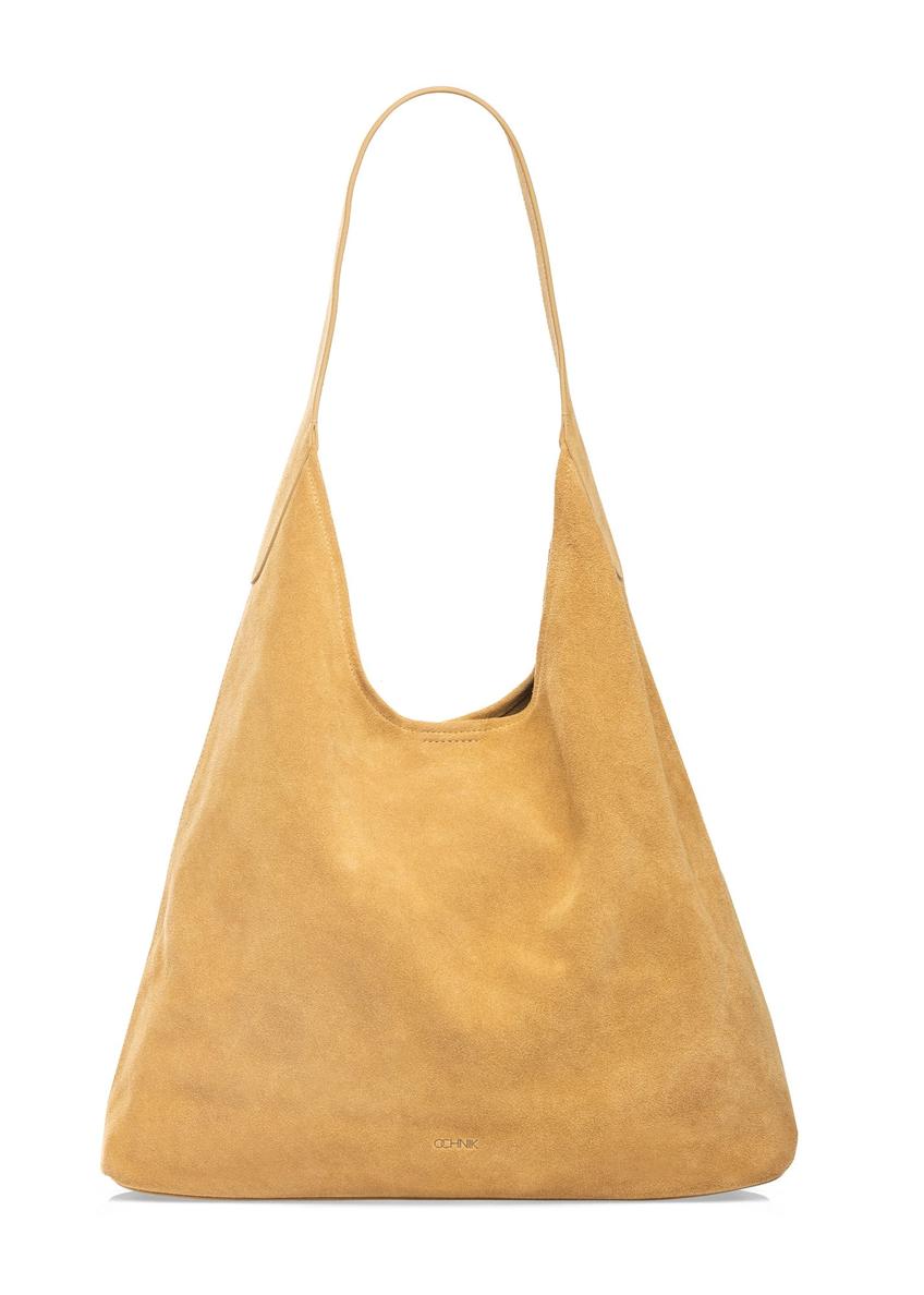 Skórzana torebka shopper w kolorze żółtym TORES-1307-2C(W26) - widok produktu z przodu, na białym tle. 
