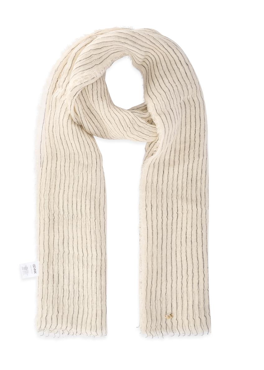 Beżowy szalik damski w paski SZADT-0216-1A(W26), widok produktu z przodu na białym tle.