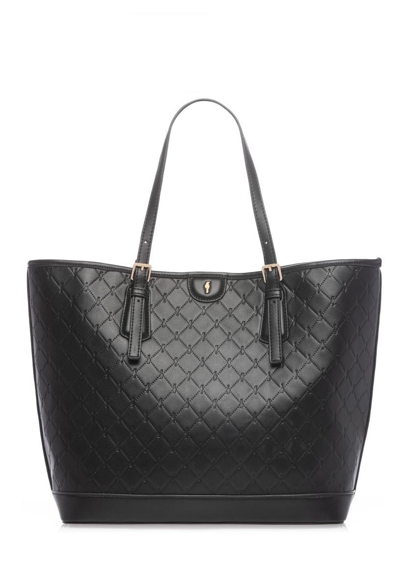 Czarna torebka shopper z monogramem TOREC-1181-9P(W26), widok produktu z przodu na białym tle.