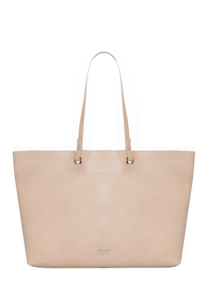 Beżowa groszkowana torebka shopper TOREC-1252-1B(Z26), widok produktu z przodu na jasnym tle.