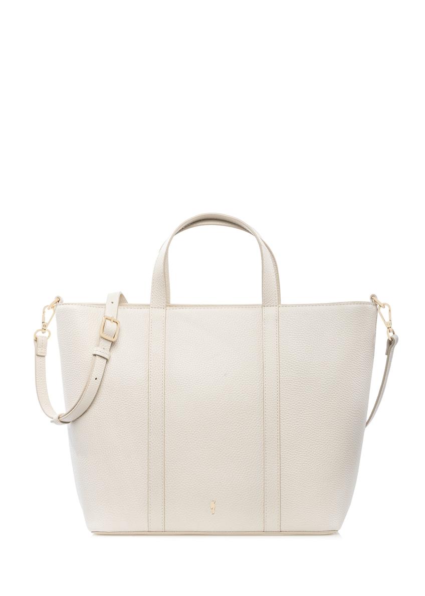Kremowa skórzana torebka shopper TORES-1272-0B(W26), widok produktu z przodu na białym tle.