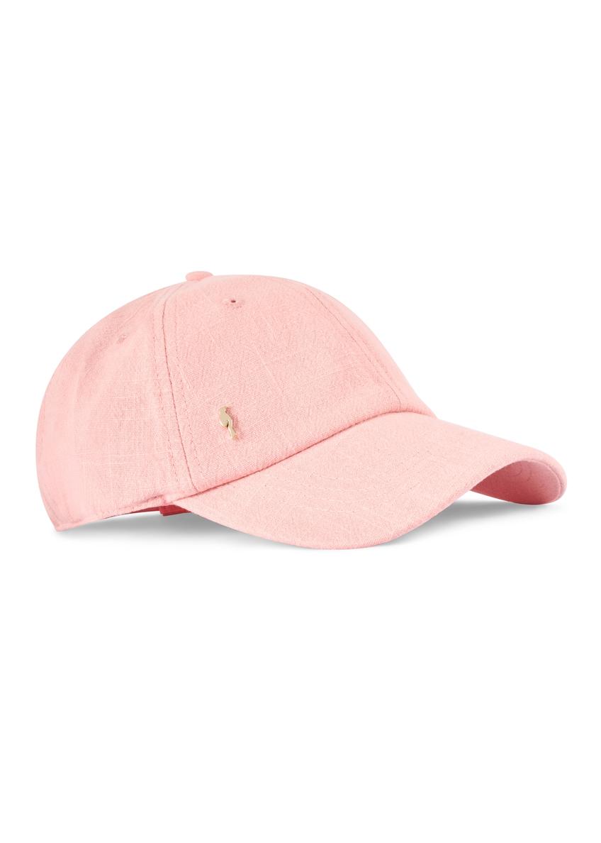 Różowa czapka z daszkiem z logo CZALT-0013-5A(W26) - widok produktu z boku, na białym tle. 