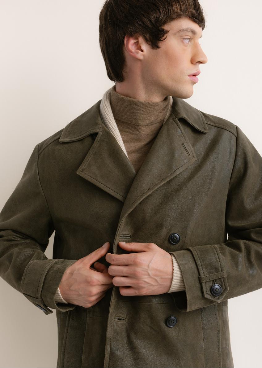 Skórzany płaszcz męski w kolorze khaki KURMS-0409A-8D(Z26)