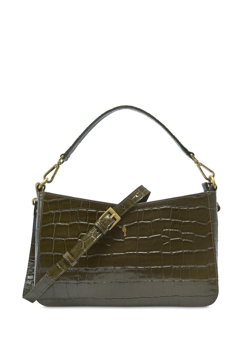 Skórzana khaki torebka croco TORES-1326-8D(Z26), widok produktu z przodu na jasnym tle.

