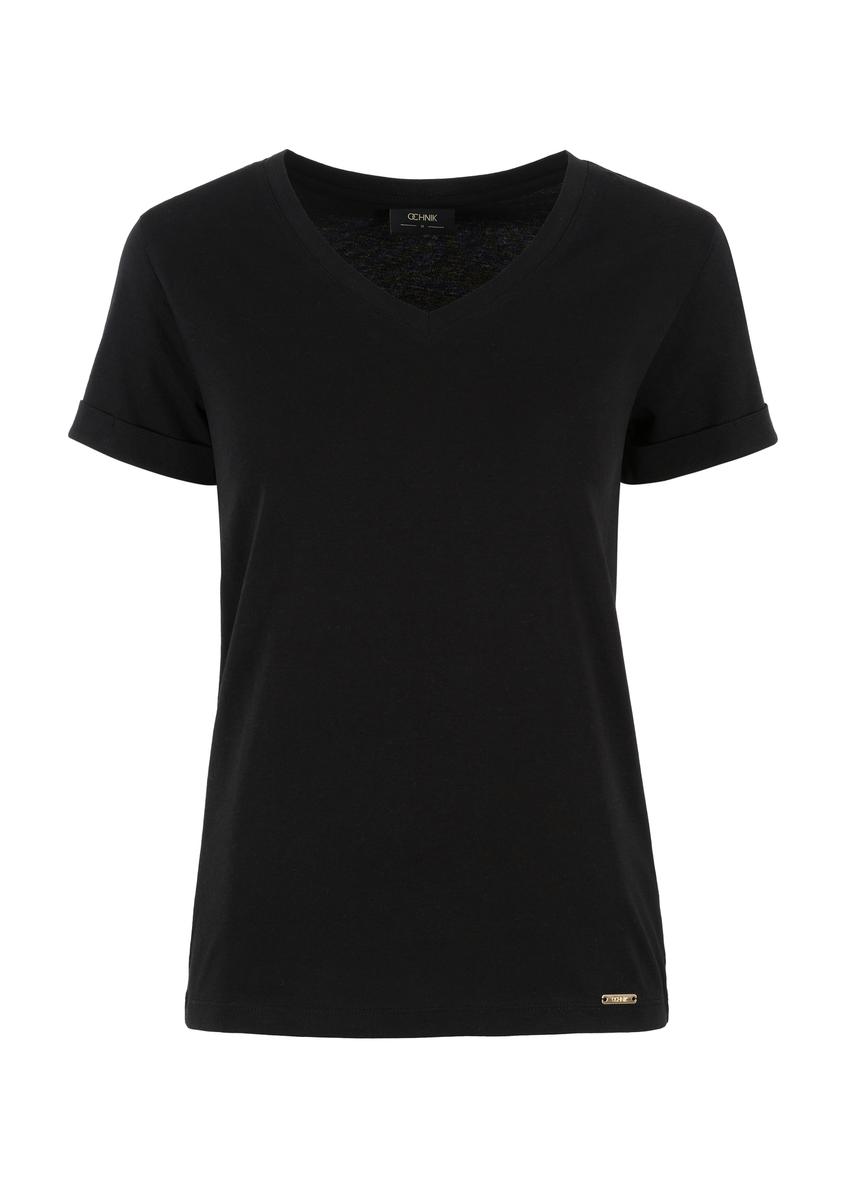 Czarny T-shirt damski w serek TSHDT-0118-99(W24)-03