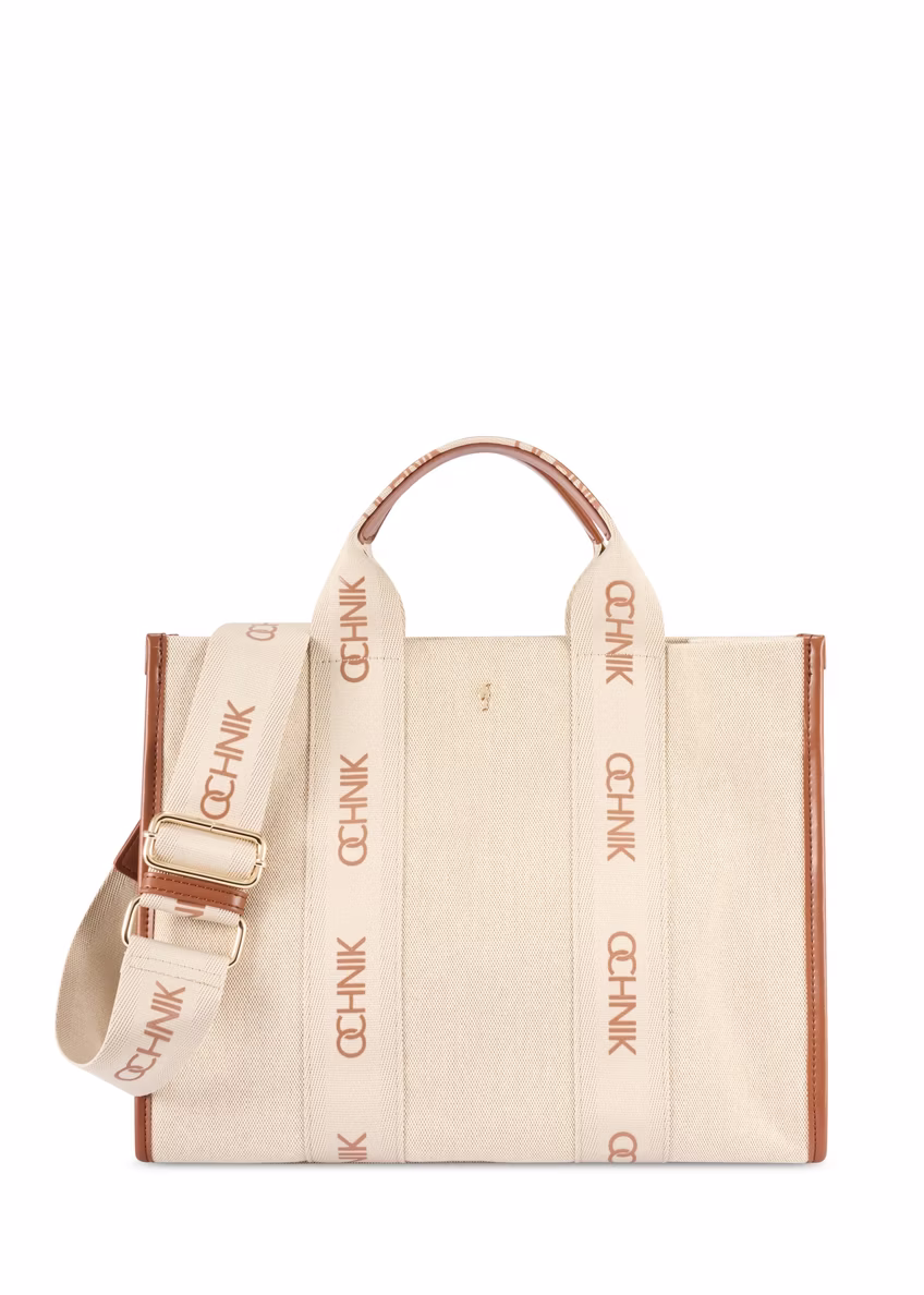 Beżowa damska torebka typu tote bag TOREN-0288A-1E(W26), widok produktu z przodu na białym tle.