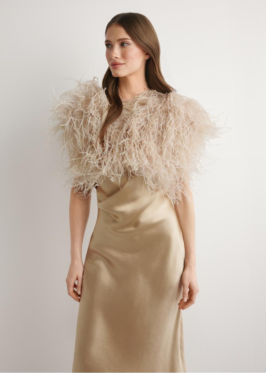 Beżowa narzutka z naturalnych piór SZADF-0036-1B(W26)