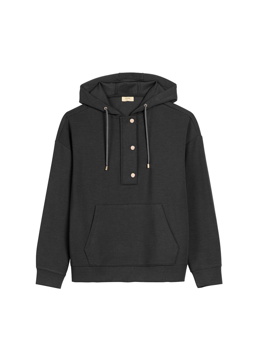 Czarna bluza damska z kapturem BLZDT-0111A-99(W26), widok produktu z przodu na jasnym tle.