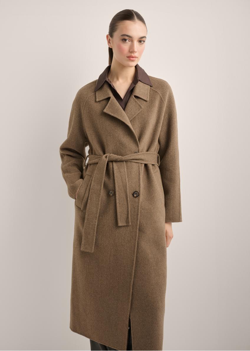 Długi brązowy płaszcz damski z wełną PLADT-0070-1K(Z26)