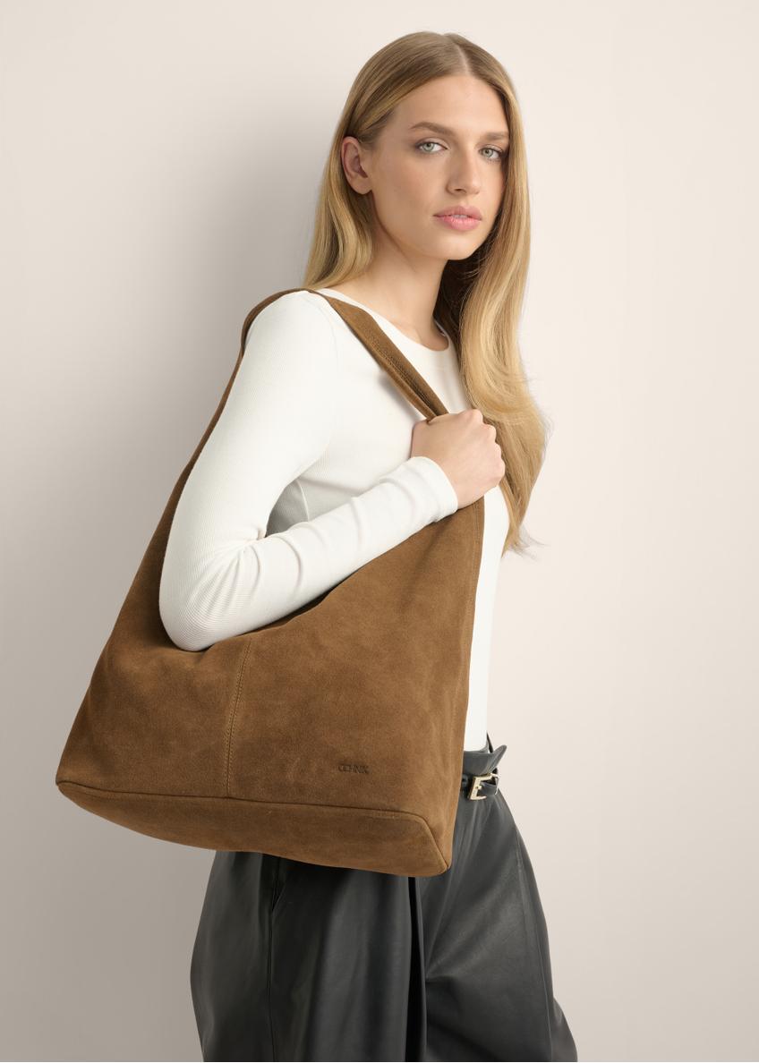 Zamszowa torebka shopper w kolorze koniaku TORES-1403-1F(Z26)