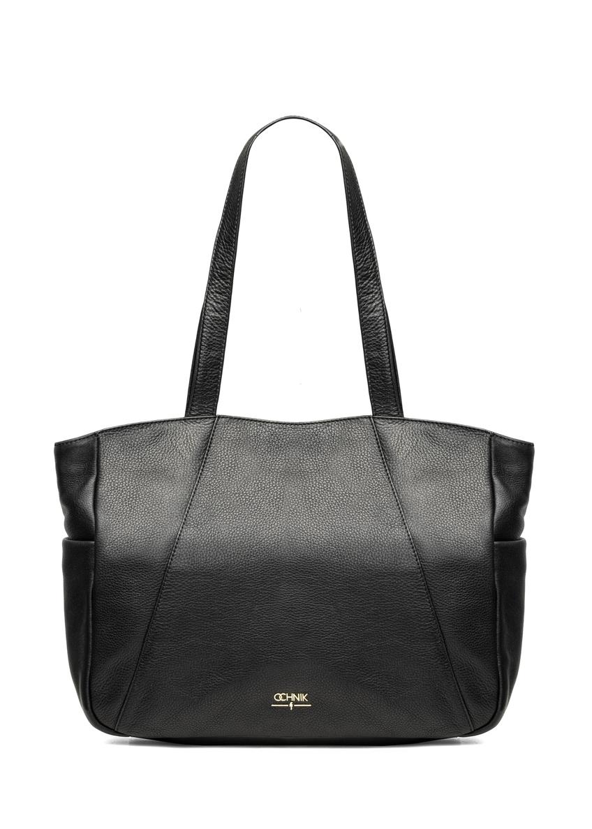 Czarna skórzana torebka shopper damska TORES-1255-99(W26) - widok produktu z przodu, na białym tle. 