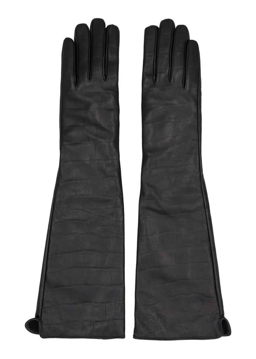 Długie skórzane czarne rękawiczki damskie croco REKDS-0088-9G(Z26)