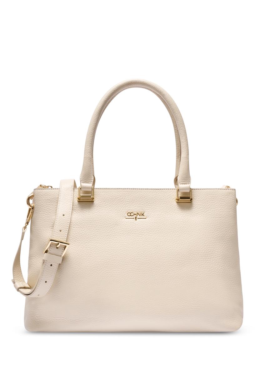 Skórzana kremowa torebka damska shopper TORES-1204-0B(W26), widok produktu z przudu na białym tle.