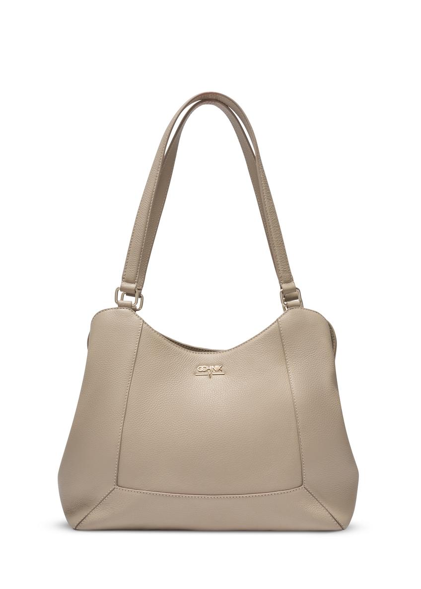 Beżowa skórzana torebka shopper damska TORES-1264-1B(W26), widok produktu z przodu na białym tle.