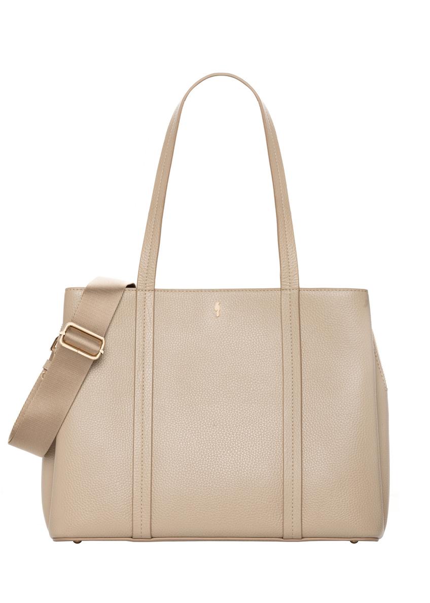 Beżowa skórzana torebka shopper TORES-1342-1B(Z26), widok produktu z przodu na jasnym tle.